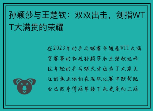 孙颖莎与王楚钦：双双出击，剑指WTT大满贯的荣耀