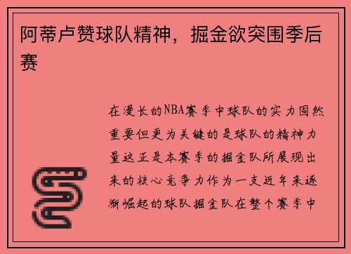 阿蒂卢赞球队精神，掘金欲突围季后赛